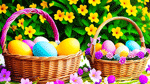 2 straw baskets with colorful eggs